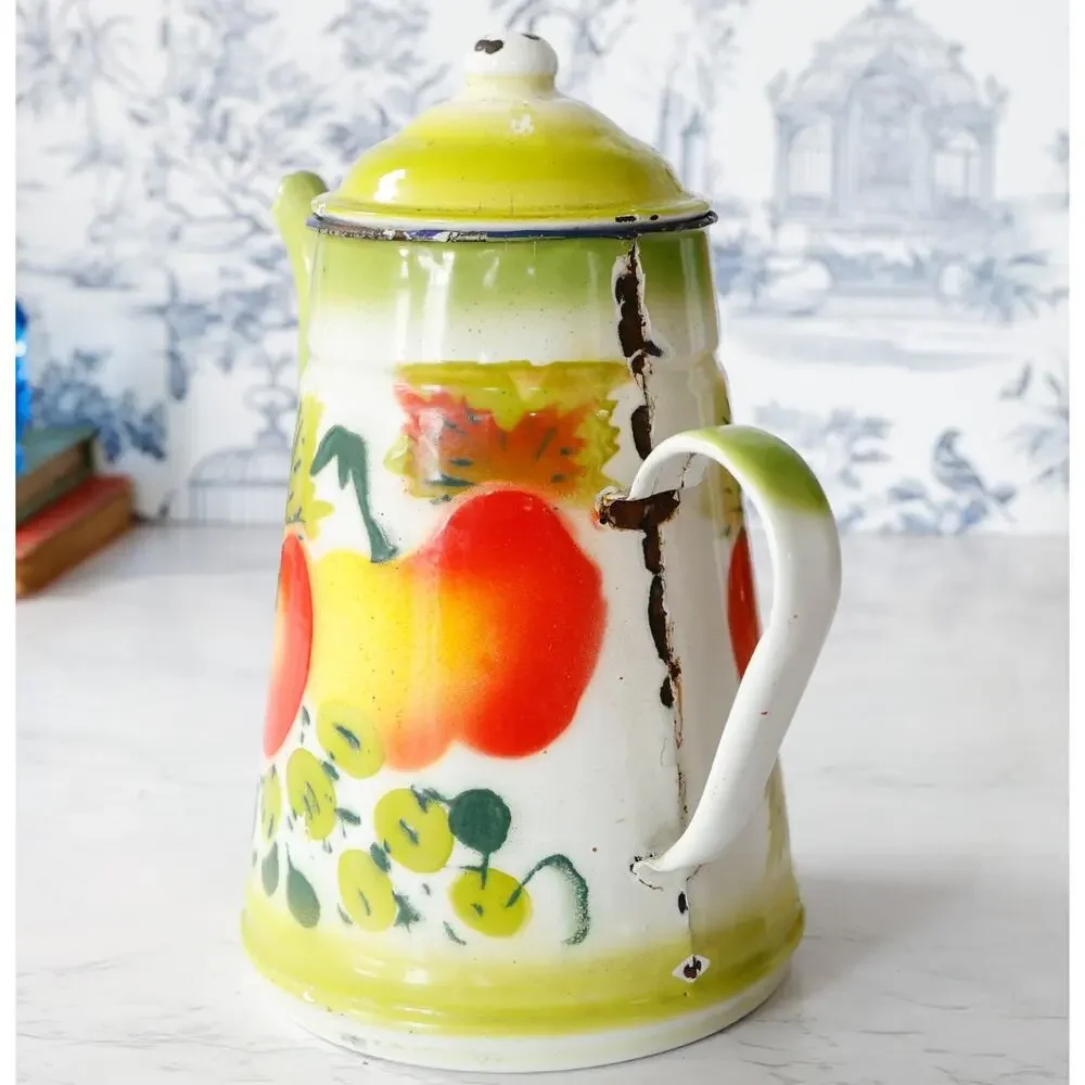Vintage Fruit Enamelware Coffee Tea Pot MCM Retro Cottage Farm Grandma Tea Party